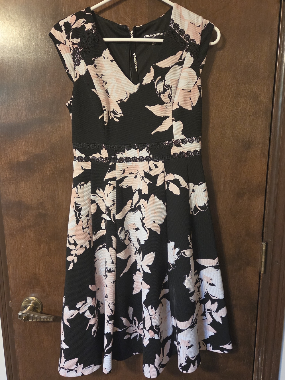 Karl Lagerfeld Black and Blush Floral V‑Neck Fit & Flare Dress
